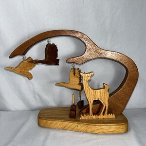 Folk Art Marsh Deer And Ducks Wooden Sculpture Huntercore Man Cave Mid Century